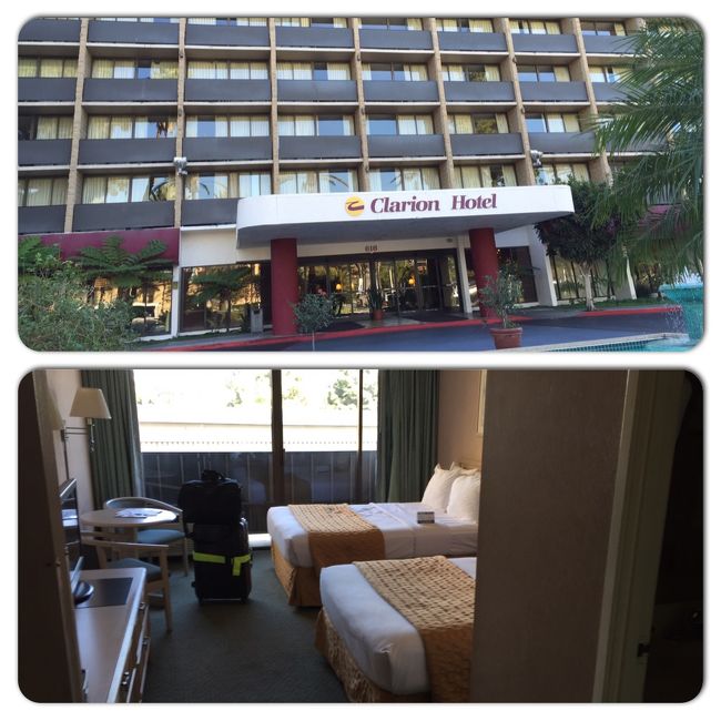 【アナハイムでの宿泊先〜クラリオンホテル】<br /><br />スーパーシャトルバスで約40分でホテル到着。クラリオンホテルというディズニーランドから歩いて20分程度のホテルです。ここでこれから4泊です。<br />部屋は広くて申し分ありませんが、設備が色々古いところが目立ちます。<br />バスタブはありますが、シャワーは固定式で栓が緩いので、風呂の水が溜まりません。また、寒かったので空調を付けましたが、もの凄い音が響きます。<br />二階には、コインランドリー・乾燥機があり、長期滞在者には便利です。<br />宿泊料は1日約1万円ですが、他の周辺のホテルと比べれば、かなり割安です。一人旅ですので、どうしてもホテル代はかかってしまいます。