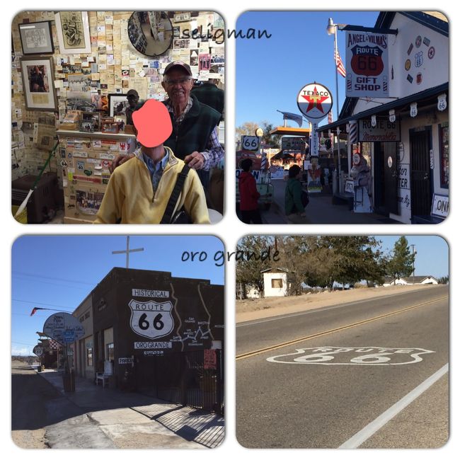 【海外初レンタカーでのルート６６】<br /><br />アナハイムでレンタカーを借り、ラスベガスまで約260マイルの道のり。レンタカーはシボレーのSUV。海外初レンタカーということで、慣れない左ハンドル、右側通行、位置の違う方向指示器に少し戸惑いましたが、グーグルマップのナビのお蔭で無事走破しました。<br />ハイウエィの途中、VICTORVILLEで下り、BASTOWまでの約１時間の道のりがルート６６です。オログランデという寂れた街で写真。有名なルート６６の道路サインは、ここの道路には何か所か見かけました。広大な平原に鉄道が敷かれ、長い貨物列車が通る風景を見ると昔のアメリカを忍ばれました。<br /><br />もう一つのルート６６スポットは、セリグマンです。<br />こちらのスポットには、ラスベガスからグランドキャニオンへの陸路のオプショナルツアーの途中で立ち寄りました。ここは、日本でもかなり宣伝されており、ルート６６のスポットしては一番有名な場所です。また、ここは、ディズニー映画カーズのモデルとなった場所です。たまたま、私たちが立ち寄った時に、ルート６６の保存運動をしておられ、大変有名なエンジェルさんがおられ、気軽に写真を撮って頂きました。めったに来られないそうなので、大変ラッキーでした。こちらのルート６６には、残念ながらルート６６サインはありませんでした。<br />