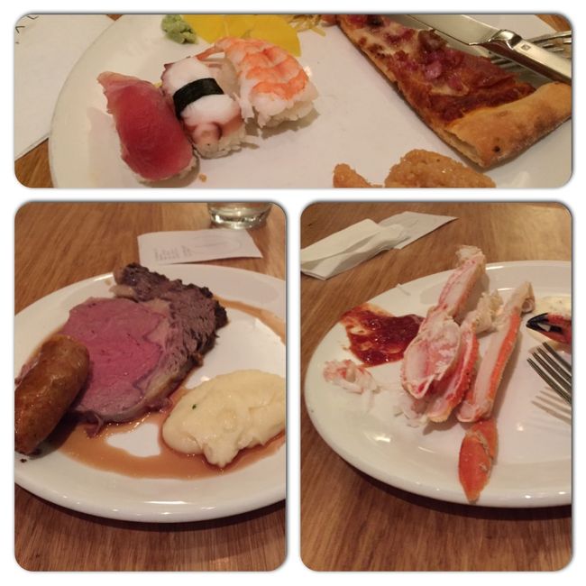 【バッフェ】<br /><br />ラスベガスの飲食と言えば、ホテルバッフェですので、一番人気のシーザーズパレスのバッカナルバフェへ行きました。混んでいる時間を外すために16時頃行ったのですが、それでも行列があるほどの人気でした。代金の59ドルを先に支払、案内されるまで約15分、漸くスタートです。目移りするほど沢山のメニューがありますが、狙っていた肉のコーナーでプライムリブをまずもらいました。写真で分かるように、バフェの切り分けの量が日本と違ってかなりのボリューム。これだけで危うくお腹一杯になりそうです。ですが、このプライムリブが最高に美味しかったです。また、周りを見るとカニが人気のようでしたので、これもゲット。ただ、後で気づいたのですが、ゆでたてのカニが別のコーナーにあることが分かり、そちらにすれば良かったと後悔。また、日本食のコーナーでは寿司がありました。ネタ数は少なかったんですが、日本と同じ味で満足です。数日前にプラネットハリウッドのバフェにも行きましたが、やはり、シーザーズパレスの方が数段上（値段もですが）でした。<br />