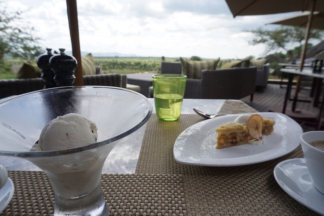 夫のアップルパイと私のココナツ＆African stracciatellaのアイスクリーム。