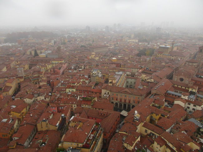 雨で視界がぼやけているが、赤褐色に統一された屋根が続く景観は見事。
