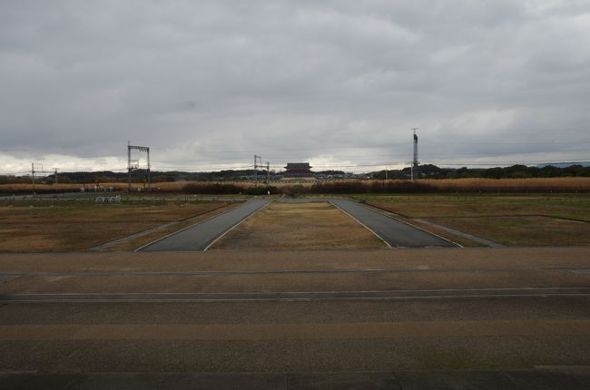 そして北側旧城の中。<br />ありゃ！線路が通ってる。<br /><br />その向こうに大極殿正殿が見えます。<br />そちらに向かいます。<br />ただ近鉄の線路のせいでこのまま朱雀大路を歩くわけにはいきませんね。