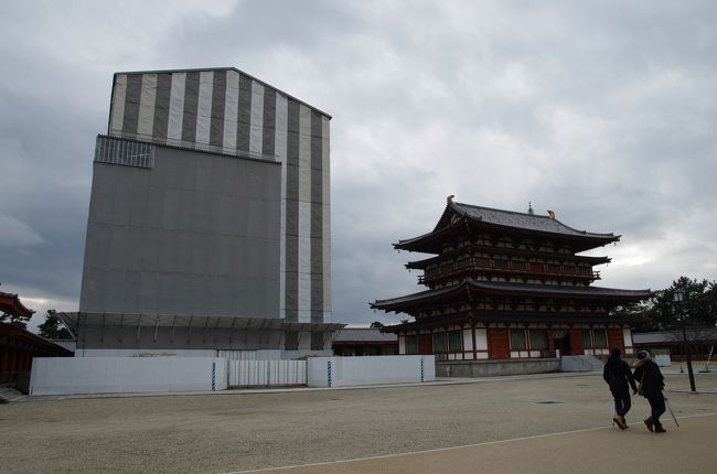 なんだあのテントみたいなの？<br />なんか嫌な感じが。。。<br /><br />右に見えてるのが金堂だから、場所から言えば国宝の東塔があるはずだけど。。。<br /><br />残念ながら唯一創建時からの建物、東塔は2018年まで分解修理中で五重の塔の姿は見れません。残念（T＿T）