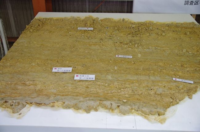 展示されている国宝東塔基壇断面図です。<br />今回の解体工事で発掘調査をして1300年ぶりに土台の部分が出てきたんだそうです。<br />これは重い建物が倒れないように土を棒で固めてその上に土を重ねてまた棒で固める版築という技法で基台が作られています。<br />これはその表面を剥ぎ取ったもの。灰色の粘土層と茶色の砂土層交互に25段以上積み重ねられているのがわかる貴重なものです。