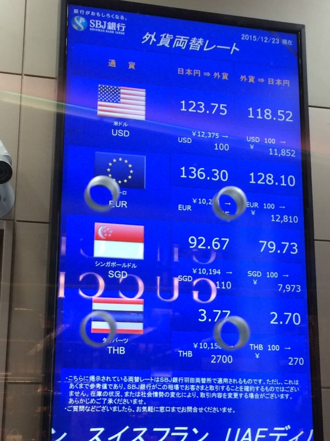 出国審査を無事に終え、お金を換金しにお目当の銀行へ。<br />読み通り。30%OFFになるクーポンをもっていたおかげで少しお得に換金出来ました。この写真の金額からさらに30%OFFのレートで換金してもらえました。<br />本当はFX口座を作って、、が一番お得なんだろうけど、イマイチわからないし、、 また時間ある時にそちらは考えようかと思います。笑