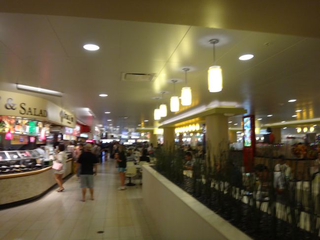 到着。<br />朝昼兼用の食事をとりにアラモアナ内フードコートに。<br />何を食べるか物色しましたがコレといった決め手に欠ける、、、