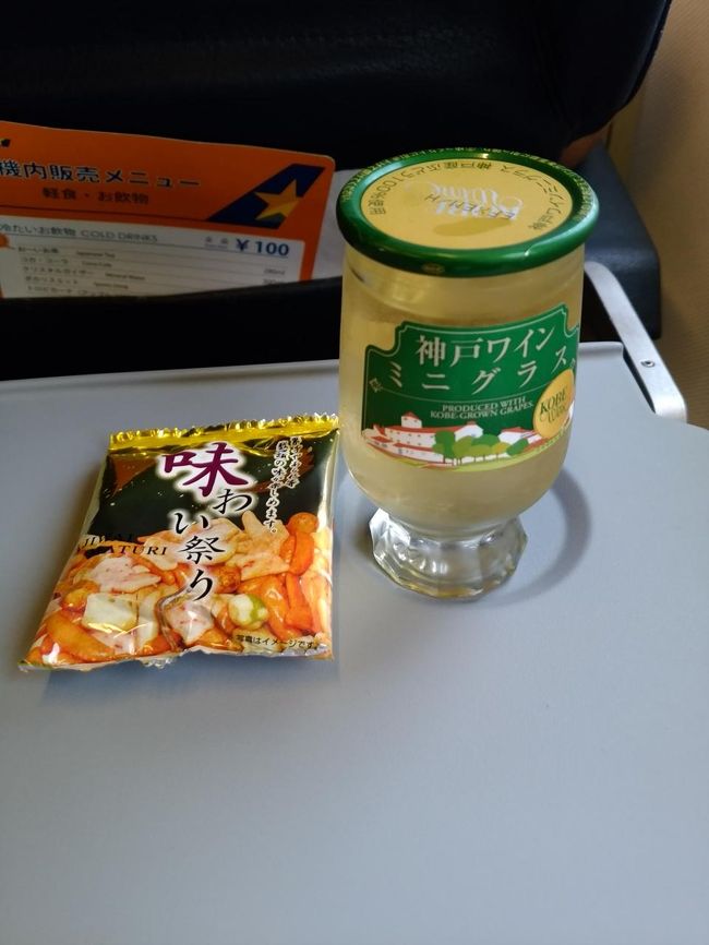 時間が来て飛行機にチェックインしました。上空で久し振りに神戸ワインを飲もうとＣＡさんに注文しました。出発時間を10分ほど過ぎても飛行機が動かない！と思っていたらアナウンスが流れ最終確認に時間が掛かっているとのこと。察知したＣＡさんがワインを持ってきてくれました。結局1時間ほど遅れて那覇を出発しました。<br />上空では赤ワインの方もいただきました(^o^)丿