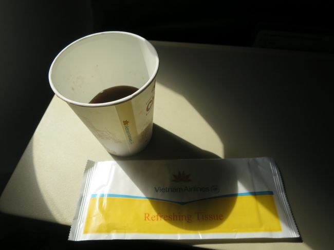 機内食はコーラだけ。いちおう国際線なのでもう少し何か出るかと期待したが、そっけない。ラウンジでフォーを食べておいてよかった。