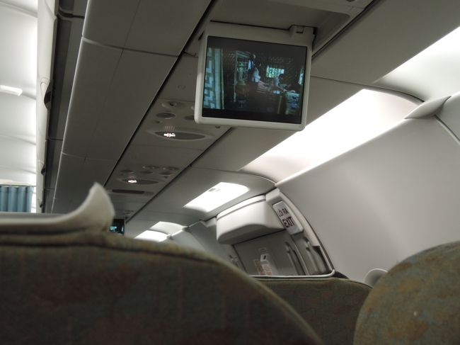 残念ながら各座席にはモニターはありませんでした。<br />天井部分のモニターで映画を流していましたが、日本語はなく利用価値はなし！？