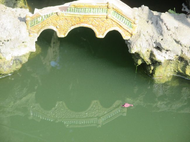 池に石橋が架かっている。