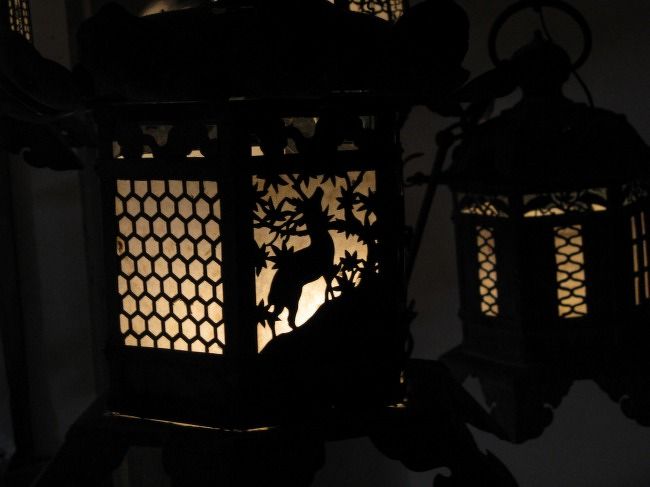 暗い部屋の中で灯されるいくつもの燈籠は、とても幽玄な雰囲気。