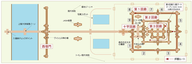 アンコール・ワット案内図<br />　<br />　アンコール・ワットもこの案内図（１．「マハーバーラタ」２．「創建者スーリヤバルマン2世の行軍」３．「天国と地獄」４．「乳海攪拌」５．「ヴィシュヌ神の隊列と阿修羅軍の決闘」６．「鬼神バーナを攻撃するクリシュナ神」７．「神々と阿修羅のアムリタをめぐる戦い」８．「ガルーダに乗ったヴィシュヌ神」９．｢ラーマーヤナ物語｣）に従って見学しようとしたのですが、疲れもピークで省略して見学することにしました。<br />　　<br /><br />12:45　アンコール・ワット　<br />14:35　　出発<br />　　　　<br />