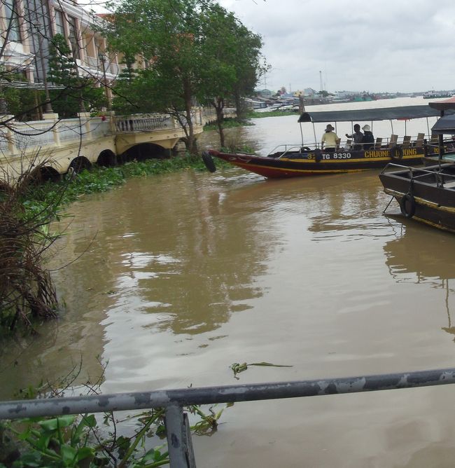 とうとうメコン川を見ることができました。<br />浮き草がたくさんあります。