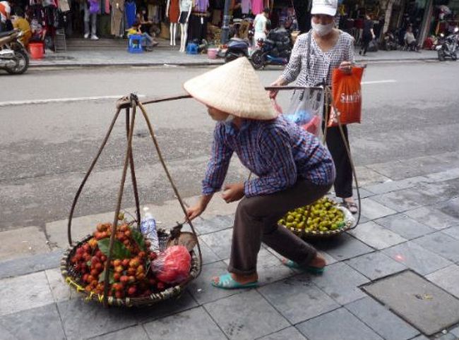 ホアンキエム湖方面に歩いていると、大好きな果物を担いだおばさん発見。買ってみよう。