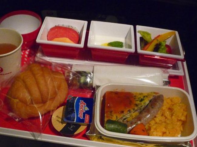 定刻に離陸。爆睡して朝食で起きました。<br />シンガポール線と違ってSoup stockのスープじゃないのね。<br />オムレツは油っぽいのが残念でしたが、ヨーグルトとフルーツは美味しかった。<br />無事に成田に着き、節約のためリムジンは使わずにアクセス特急に乗り羽田へ。