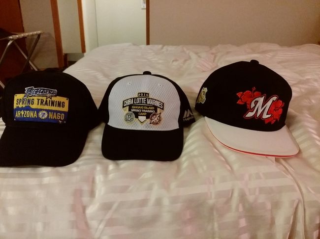 今回の戦利品<br />左から日本ハムファイターズゲスト帽子、マリーンズ石垣限定帽子、マリーンズゲスト帽子