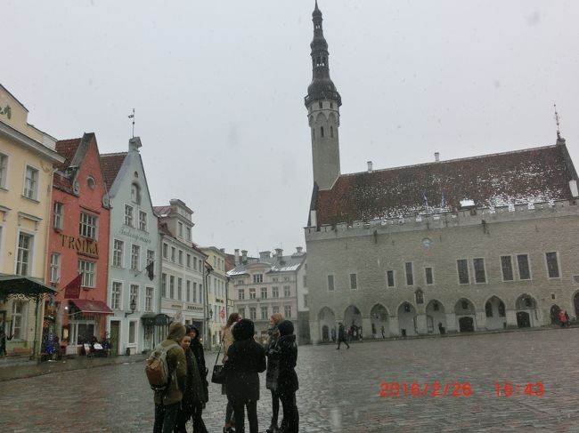 旧市庁舎とラエコヤ広場と雪と少女たち。<br />旧市庁舎は北ヨーロッパに唯一残るゴシック様式の市庁舎である。１４０４年に増築されて現在の姿になった。