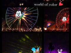 world of colorは初日の夜に見ました。
夕方パーク内でファストパスをとっておいたので、前の方へ行くこともできましたが、近すぎるとやや斜めからの鑑賞になり映像がぼやけて見えたので、結局後ろの方へ移動しました。
ダイニングでコース料理を食べてチケットを持っていた方は、真正面から見えて一番いいかも？です。
（ただ鑑賞券付きのダイニングの仕組みがイマイチわからず日本から予約できませんでした・・みなさんうまく予約されているみたいなので、そちらをぜひ参考に!w）
↑
ショーは夜なのに、それ以前のコース料理の予約しかないとはどういうことなんだろう？と思って困っていましたが、どうやら料理を食べながら見るということではなく、ショーを真正面から観れる特別区域へのパスをもらえるということみたいですね★リベンジできる機会があればぜひそうします！w


それにしても、すごかったです。
まさに、本場のショーとはこういうことか！！と><
規模が大きかったです。
噴水が多少かかろうが、それも生で観るショーの醍醐味!!!
ワールドオブカラーは最終日の夜にも見ました★
（連日21:45〜）