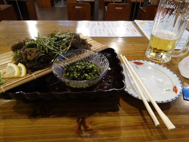 離島ターミナルまでいつものようにバスで移動。<br />ホテルに入る前に、街中をぶらついたので<br />夕食兼で居酒屋に入り食事。<br /><br />鶏天・もずくやミミガー<br />そして塩やきそばで〆て夕食終了です。