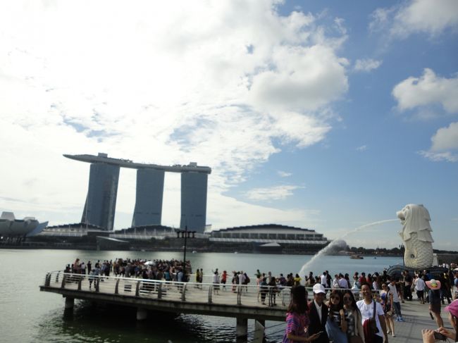 マーライオンとベイサンズを写す構図を教えてあげて、なんとかガイドらしく案内できているかな、と。