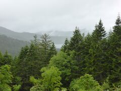 最初は木の階段で緩やかな登りが続きます。展望がない林の中を歩き、13時15分沼山峠展望所に到着。雲に隠れて山並みは見えず、尾瀬沼が木の間から少し見えるだけでした。