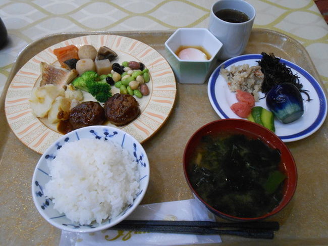 7時半に起床。<br /><br />朝風呂も入りたかったけど、朝食の時間とかぶって入れずに残念でした。<br /><br />朝食は2階の会場でバイキング。<br /><br />いつものようにビジネスホテルでは無いので、カウンター席が無くて1人だと少し食べにくいですが、メニューは割と豊富でした。