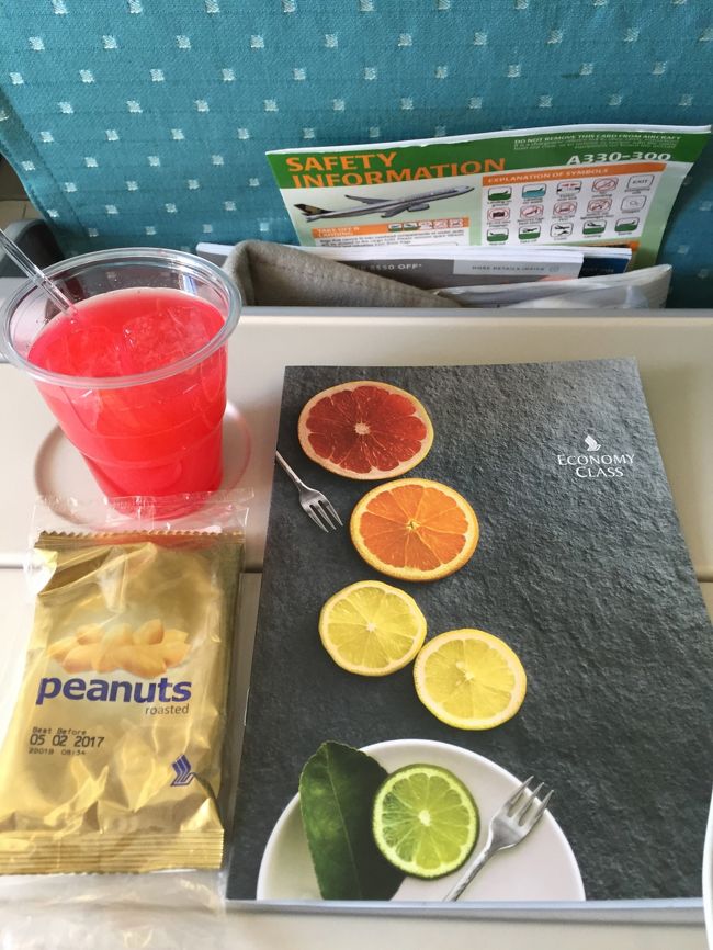 飲み物の注文をとりに来た男性CAに「シンガポールスリング」と言ったら「Oh」とびっくりしていた．私のようなおばさんが注文したのが意外だったのか….甘くて氷も入っていて美味しかった.