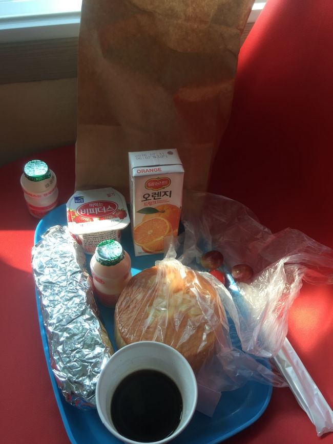 翌朝。あっという間に帰国の日になりました。<br /><br />近くの銭湯に行ってゲストハウスに戻り。<br /><br />朝ご飯。<br /><br />なぜか２人前用意されてました。<br /><br />①のり巻き+ヤクルト<br />②パン+ジュース+フルーツヨーグルト+ヤクルト<br /><br />コーヒーはフロントでいつでももらえます。