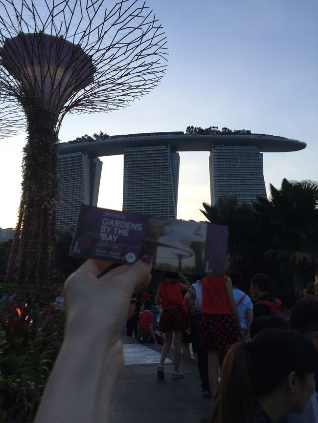 夕暮れ時にガーデン・バイ・ザ・ベイに到着。OCBOガーデン・ラプソティのチケット買って、列に並ぶ。すごい人だわ。