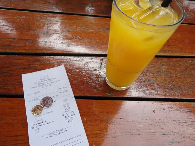 私が選んだのは、マンゴージュース１０ドルです。<br /><br />ここに、サービスチャージが１０％と、税金が入るので、１１．７５ドルになります。<br /><br />シンガポールを見渡せて安く抑えられるなら文句なしです！<br /><br /><br />コーラなどであれば、７ドルになります。<br />もっと安い！！！<br /><br /><br />