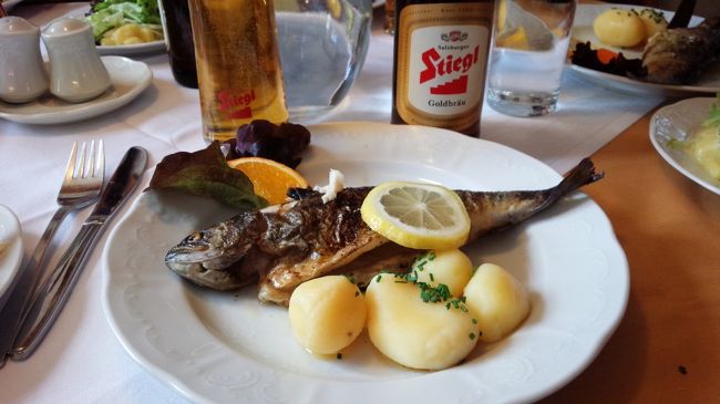 メインの魚料理。<br />ビールと一緒に。<br /><br />ビールは3.5ユーロだったので<br />チェコに比べると高くなりました。