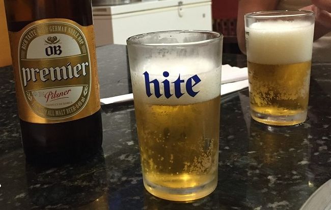 とりあえず韓国のOBプレミアビールで「コンベ」！！