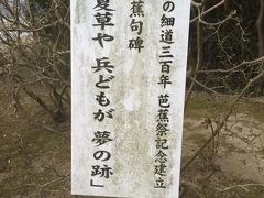 15：00　
 中尊寺から車で数分。義経堂を見にゆきました。義経が滅んで丁度500年後に芭蕉がここに立ち寄り後世あまりにも有名な句を詠んだといわれております。その景色を見たくて寄りました。
 北上川がよく見えるこの場所に立ち「夏草や・・・」と詠むと、すかさず連れ合い「カワズ飛び込むみずの音」・・・かわいそうに中尊寺の歩きで酸欠状態になっていたのかもしれない。ま、詠み人は同じか！？