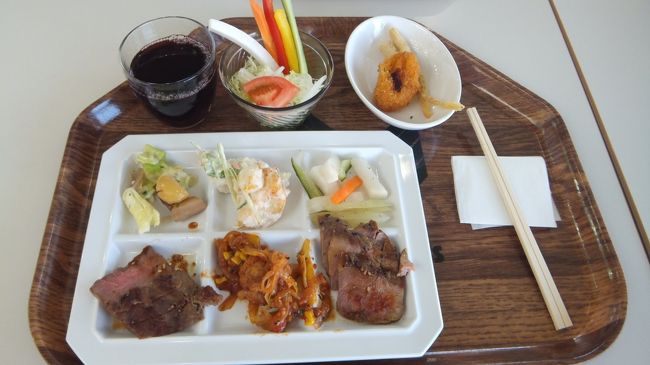 みんなこれでもか！って盛ってたけど、来る途中のバスの中でサンドイッチや談合坂でシューマイ食べちゃったのでそんなにお腹空いてない私は軽め。<br />ライブキッチンで焼いてくれる肉が自慢とのことだけど、肉がパサパサでイマイチでした。<br />赤ワイン飲み放題なのが嬉しい！