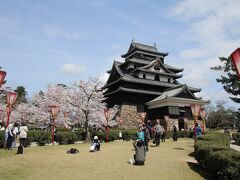 お城横の桜の木の下はシートでいっぱい。
みんなお花見しています。

やはり青空のほうがいいですね。