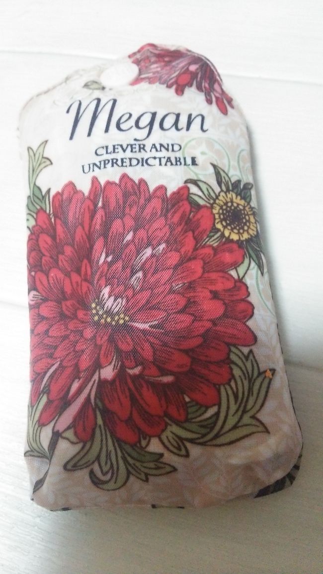 赤いダリアっぽい柄に一目ぼれでした<br />エコバッグは　旅行中何かと役に立ってくれるので<br />大切にしたいと思います