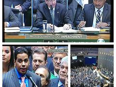 １８：００過ぎから始まった下院投票。５１３名の議員が一人づつ簡単なコメントを述べた後、弾劾に、Sim(YES) Nao(NO)を述べます。

家はすぐパウリスタ通りの近くなのですが、ブラジルの夜は何かと物騒なので、私は家でおとなしくＴＶ（観戦 笑）です。