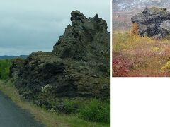 ミーヴァトン湖東岸には、火山由来の見所がもう一つ。

ディムボルギル（黒い城）という黒い溶岩台地の奇岩群がそうで、848号線からも見られます。

ここではハイキングでキルキャン（教会）という名がついた奇岩を訪れるのが一般的のようです。歩くのがお好きな方は行ってみては？
ガイドさんが欲しい方は、自分が泊まるホテルで聞いてみるといいですよ。
