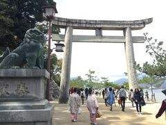 お腹も満たされ、次は厳島神社へ参拝です。
まずは海岸沿いのある、厳島神社手前の石鳥居前で、神社へ向かって一礼。
門のくぐり方は、他の神社と同じく、中央の神様の通り道を避け、端を通ります。