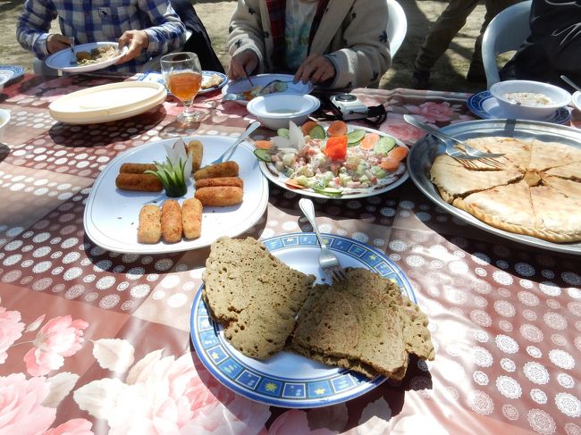 手前に見えているのは、「バル・エ・ギヤリング」という、そば粉で作られたクレープ。<br />口に含んでみると確かにほのかにそば風味が漂います。<br /><br /><br />右側の丸いやつ(カットされてますが)は「チャプシュロ」というミートパイ。<br />イタリアのカルツォーネよりは硬質で、平たい胴体にたくさんピリ辛風味のマトンが入っているものです。<br />生地の思いのほかの硬さにやや苦労したものの、生地を引き立てる具のキレのある辛さが印象に残ります。<br /><br />あと、左側のコロッケが絶品！<br />誰も取っていないのをいいことに6〜7個は食べました(笑)。