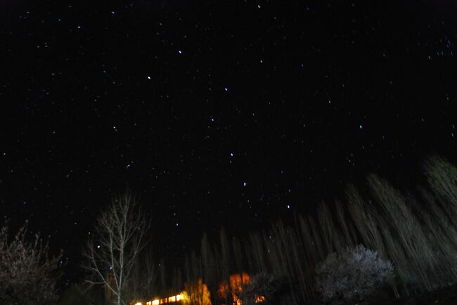こちらは北側を振り返ったところ。<br />ポプラの額縁が粋ですね?<br /><br />星が多すぎてやや見にくいですが、中央にあるのが北斗七星。<br /><br />フンザは北緯36度くらいで、日本だと松本や高崎あたりと同じ緯度。<br />なので特に高さに違和感はありませんが、何せ山が迫っているので北斗七星もだいぶ昇ってきてやっと見えてきた感じです。<br /><br /><br />いよいよ、明日はフンザを去る日。<br />午前中の水路ウォークで、名残りを惜しみます。<br /><br /><br />6日目午前に続く↓<br />https://4travel.jp/travelogue/11124238