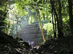 ヤシュチラン遺跡に向けて歩き出す。
足場は決してフラットではなく、ゴロゴロとした石があり歩きにくい。

そして、12月だというのに凄い湿度。
さすがに密林の中なので太陽の熱の暑さはあまり感じないが、木々が空中に放出する水分が揮発し、水の粒が森の中で細かく宙に浮いているみたいな感じだ。

これで乾季の空気状態だというのだから、北半球の夏：7月や8月の雨季のラカンドンの密林には、もっと過酷な条件が待っているのだろう。
冬に来てよかった…と心から思った。

そして先ほどの地図から5分ほど歩くと、目の前に何か石組みらしきものが見えてきた。
