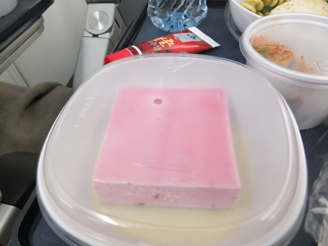 １回目の機内食に出てきたピンク色のデザート<br /><br />恐る恐る食べるも、これもんまい！<br /><br />ベリー系な味