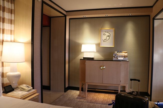 リビングのソファーに座って、冷蔵庫の入っている家具側の壁を見るとこんな感じです。<br /><br />高級なマンションの部屋というの内装ですね。とてもカジノのあるホテルの１室には見えません。これで、冷蔵庫があればねー。<br />カジノに行かないと冷たい飲み物はいただけないので、毎日「ＩＣＥ」ルームに通って氷を運びました。<br /><br />家具の上のナッツ類は動かすと即チャージされます。