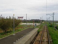 吉田駅と弥彦駅の間、【矢作駅】に到着する前に、もう大きな鳥居が見えた。