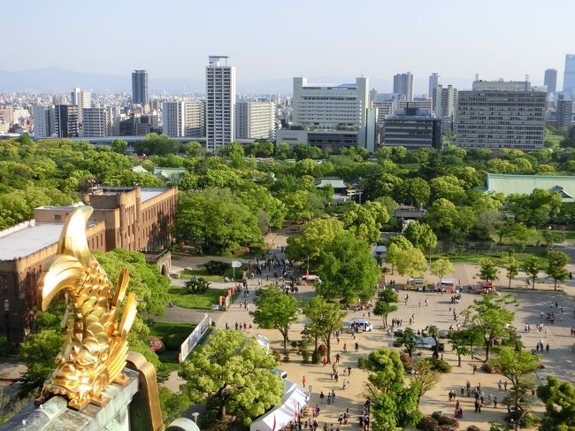 「エンジョイエコカード」で大阪城も割引になりましたので、天守閣に登ります。<br />階段もありましたが、エレベーターで上まで行くことにしました。<br /><br />左に見える古い建物が大阪市立博物館です。