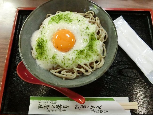 こちらが名物とろろそば。<br />苔をイメージしているのでしょう。<br /><br />この卵がとろろと混ざると非常に良い感じになり、おいしく頂くことができました。お勧めです。<br /><br />お蕎麦なのですぐに食べ終え、少し休んだあと苔寺へ向かいます。