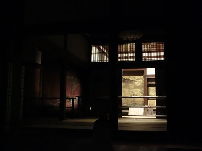 庭園側からの殿舎内です。<br />夜にライトアップされた絵を見るのも珍しい感じです。