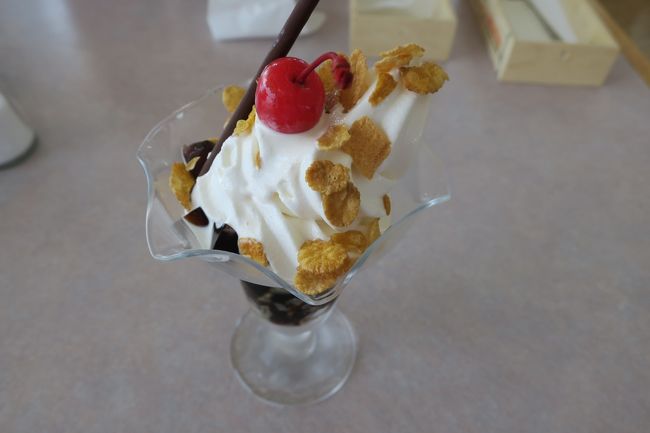 次は宍道湖めざして出発．<br /><br />道の駅秋鹿（あいか）でおやつ．<br />コーヒーゼリーですが，上にはソフトクリームがのってました．