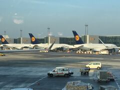 出発のフランクフルト空港。
A380が三機並んでた。